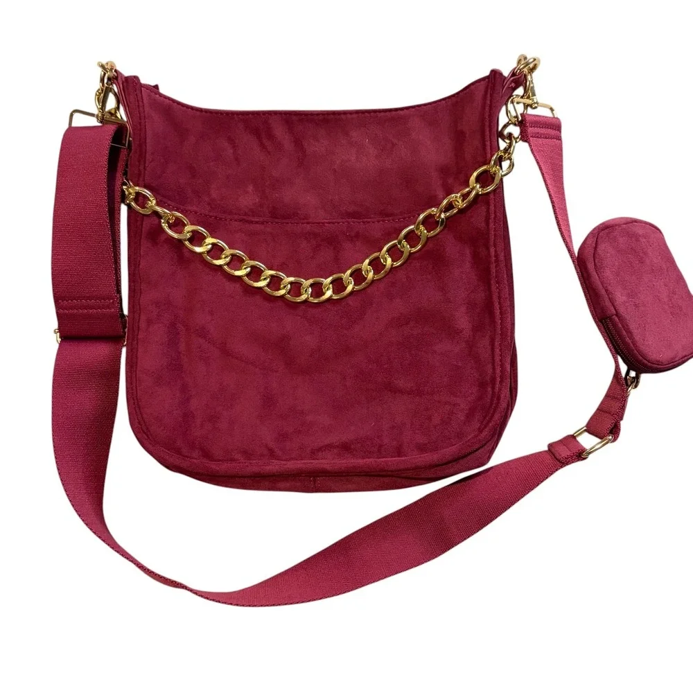 Ah-Dorned Burgundy Suede Crossbody‎ Hobo Bag w/ Mini Pouch Gold Hardware